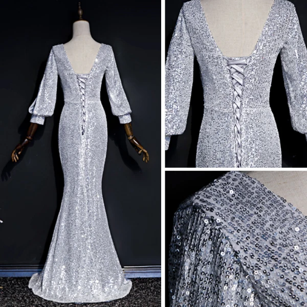 Scintillantes Gris Paillettes Robe De Soirée 2020 Trompette / Sirène V-Cou Gonflée Manches Longues Longue Dos Nu Robe De Ceremonie
