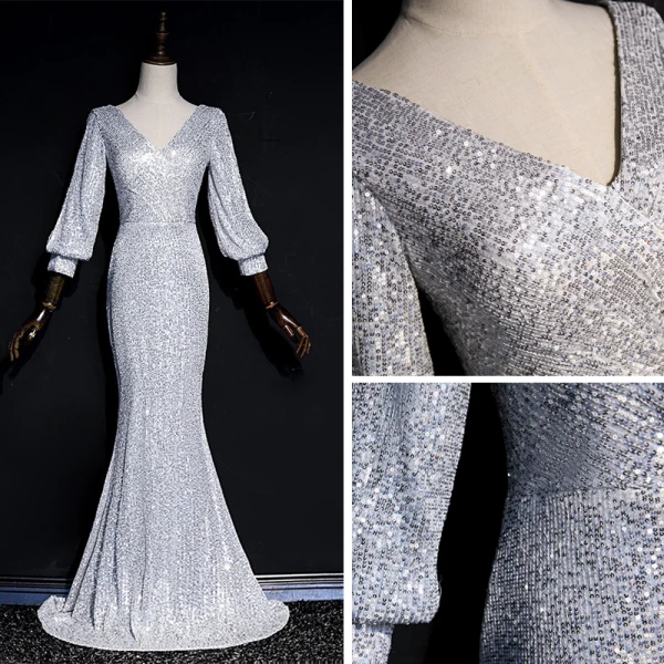 Scintillantes Gris Paillettes Robe De Soirée 2020 Trompette / Sirène V-Cou Gonflée Manches Longues Longue Dos Nu Robe De Ceremonie