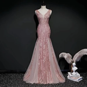 High End Perle Rosa Selskapskjoler 2020 Trompet Havfrue Dyp V Hals Uten Ermer Appliques Blonder Paljetter Beading Lange Buste Ryggløse Formelle Kjoler