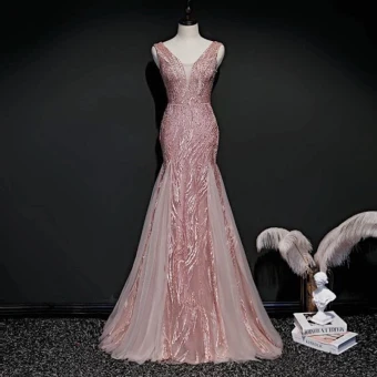 Haut De Gamme Perle Rose Robe De Soirée 2020 Trompette Sirène Col V Profond Sans Manches Appliques En Dentelle Paillettes Perlage Longue Volants Dos Nu Robe De Ceremonie