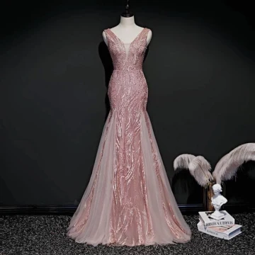Haut De Gamme Perle Rose Robe De Soirée 2020 Trompette Sirène Col V Profond Sans Manches Appliques En Dentelle Paillettes Perlage Longue Volants Dos Nu Robe De Ceremonie