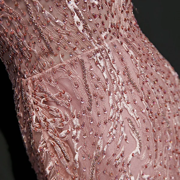 High End Pearl Rosa Abendkleider 2020 Meerjungfrau Tiefer V-Ausschnitt Ärmellos Applikationen Spitze Pailletten Perlenstickerei Lange Rüschen Rückenfreies Festliche Kleider