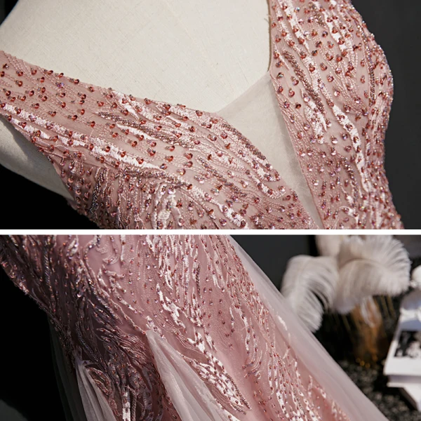 High End Pearl Rosa Abendkleider 2020 Meerjungfrau Tiefer V-Ausschnitt Ärmellos Applikationen Spitze Pailletten Perlenstickerei Lange Rüschen Rückenfreies Festliche Kleider
