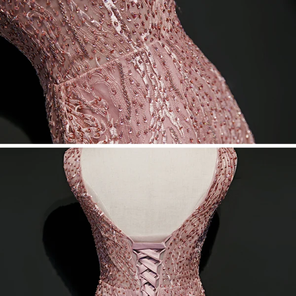 High End Pearl Rosa Abendkleider 2020 Meerjungfrau Tiefer V-Ausschnitt Ärmellos Applikationen Spitze Pailletten Perlenstickerei Lange Rüschen Rückenfreies Festliche Kleider