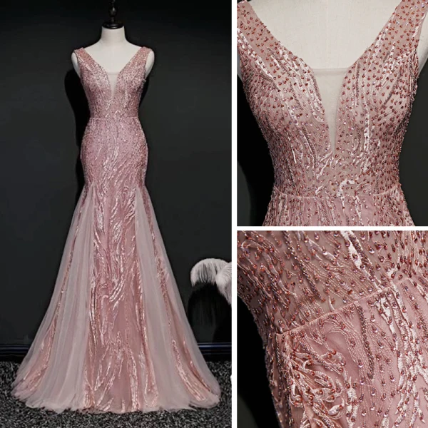High End Pearl Rosa Abendkleider 2020 Meerjungfrau Tiefer V-Ausschnitt Ärmellos Applikationen Spitze Pailletten Perlenstickerei Lange Rüschen Rückenfreies Festliche Kleider
