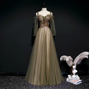 Chic Beautiful Army Green Evening Dresses 2020 A Line Princess Spaghetti Straps Puffy Long Sleeve Beading Sash Floor Length Long Ruffle Backless Formal Dresses