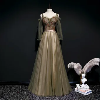 Chic Belle Armée Verte Robe De Soirée 2020 Princesse Bretelles Spaghetti Gonflée Manches Longues Perlage Ceinture Longue Volants Dos Nu Robe De Ceremonie