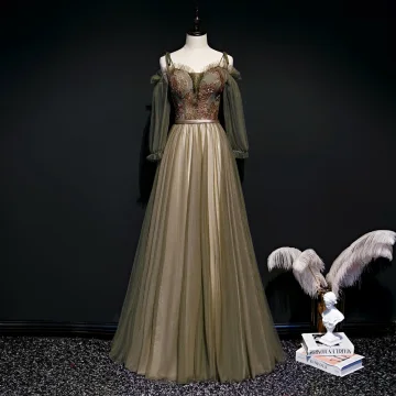Chic Belle Armée Verte Robe De Soirée 2020 Princesse Bretelles Spaghetti Gonflée Manches Longues Perlage Ceinture Longue Volants Dos Nu Robe De Ceremonie