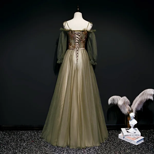 Chic / Beautiful Army Green Evening Dresses  2020 A-Line / Princess Spaghetti Straps Puffy Long Sleeve Beading Sash Floor-Length / Long Ruffle Backless Formal Dresses