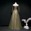 Chic / Beautiful Army Green Evening Dresses  2020 A-Line / Princess Spaghetti Straps Puffy Long Sleeve Beading Sash Floor-Length / Long Ruffle Backless Formal Dresses