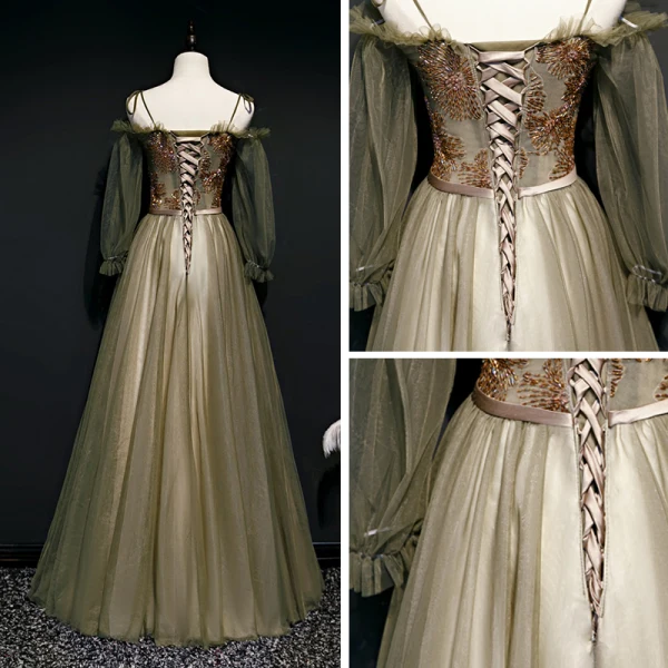 Chic / Beautiful Army Green Evening Dresses  2020 A-Line / Princess Spaghetti Straps Puffy Long Sleeve Beading Sash Floor-Length / Long Ruffle Backless Formal Dresses