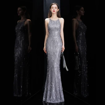 Sexy Gris Robe De Soirée 2020 Trompette Sirène Encolure Dégagée Sans Manches Paillettes Gland Longue Volants Dos Nu Robe De Ceremonie