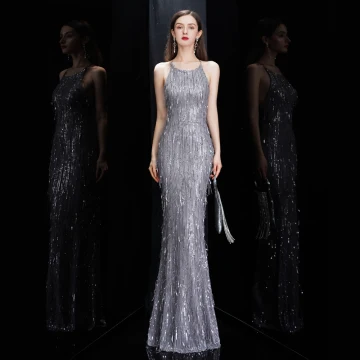 Sexy Gris Robe De Soirée 2020 Trompette Sirène Encolure Dégagée Sans Manches Paillettes Gland Longue Volants Dos Nu Robe De Ceremonie