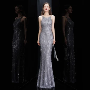 Sexy Gris Vestidos De Noche 2020 Trumpet Mermaid Scoop Escote Sin Mangas Lentejuelas Tassel Largos Ruffle Sin Espalda Vestidos Formales