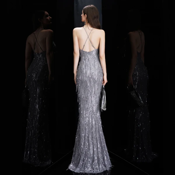 Sexy Gris Robe De Soirée 2020 Trompette / Sirène Encolure Dégagée Sans Manches Paillettes Gland Longue Volants Dos Nu Robe De Ceremonie