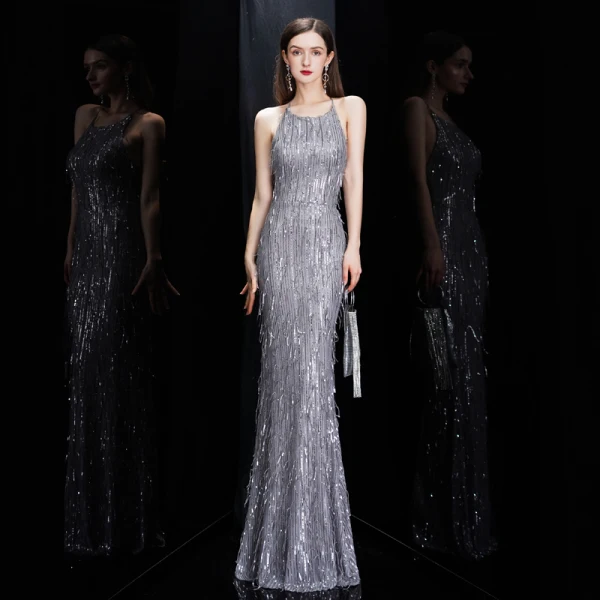 Sexy Gris Robe De Soirée 2020 Trompette / Sirène Encolure Dégagée Sans Manches Paillettes Gland Longue Volants Dos Nu Robe De Ceremonie