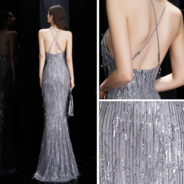 Sexy Gris Robe De Soirée 2020 Trompette / Sirène Encolure Dégagée Sans Manches Paillettes Gland Longue Volants Dos Nu Robe De Ceremonie
