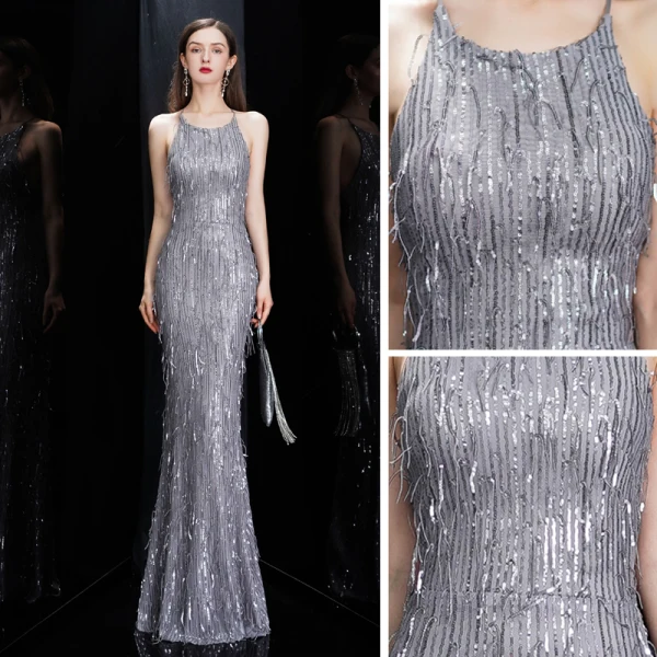 Sexy Gris Robe De Soirée 2020 Trompette / Sirène Encolure Dégagée Sans Manches Paillettes Gland Longue Volants Dos Nu Robe De Ceremonie