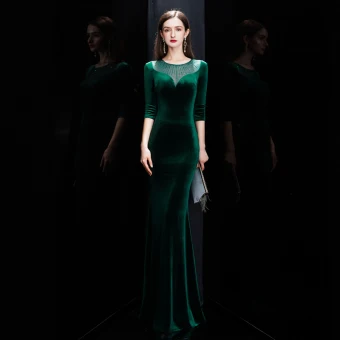 Abordable Vert Foncé Velour Hiver Robe De Soirée 2020 Trompette Sirène Transparentes Encolure Dégagée 3 4 Manches Faux Diamant Longue Robe De Ceremonie