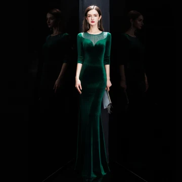 Affordable Dark Green Velour Winter Evening Dresses 2020 Trumpet Mermaid See Through Scoop Neck 3 4 Sleeve Rhinestone Floor Length Long Formal Dresses