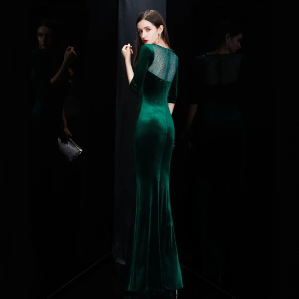 Affordable Dark Green Velour Winter Evening Dresses 2020 Trumpet / Mermaid See-through Scoop Neck 3/4 Sleeve Rhinestone Floor-Length / Long Formal Dresses