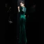 Affordable Dark Green Velour Winter Evening Dresses  2020 Trumpet / Mermaid See-through Scoop Neck 3/4 Sleeve Rhinestone Floor-Length / Long Formal Dresses