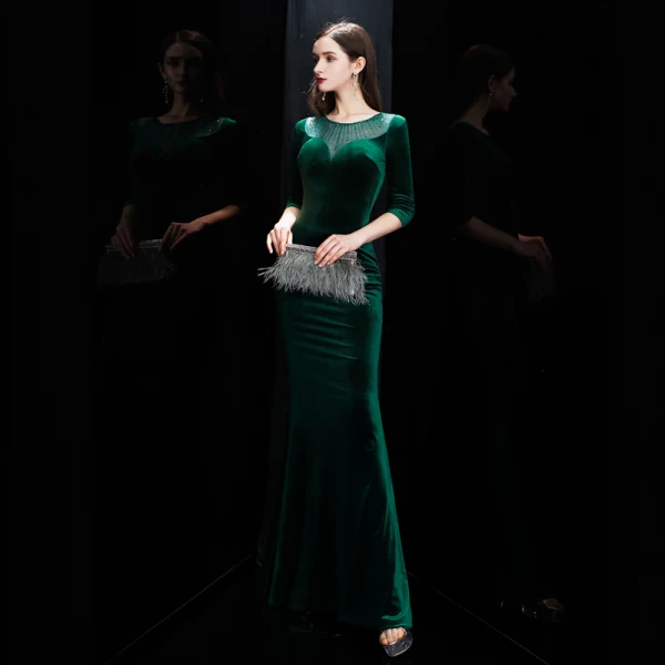 Affordable Dark Green Velour Winter Evening Dresses 2020 Trumpet / Mermaid See-through Scoop Neck 3/4 Sleeve Rhinestone Floor-Length / Long Formal Dresses