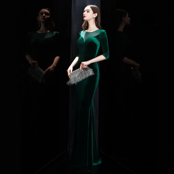 Affordable Dark Green Velour Winter Evening Dresses 2020 Trumpet / Mermaid See-through Scoop Neck 3/4 Sleeve Rhinestone Floor-Length / Long Formal Dresses