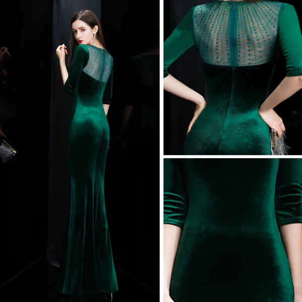 Affordable Dark Green Velour Winter Evening Dresses 2020 Trumpet / Mermaid See-through Scoop Neck 3/4 Sleeve Rhinestone Floor-Length / Long Formal Dresses