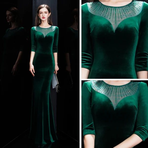 Affordable Dark Green Velour Winter Evening Dresses 2020 Trumpet / Mermaid See-through Scoop Neck 3/4 Sleeve Rhinestone Floor-Length / Long Formal Dresses