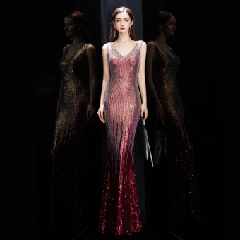 Scintillantes Bordeaux Paillettes Robe De Soirée 2020 Trompette Sirène V Cou Sans Manches Longue Volants Dos Nu Robe De Ceremonie