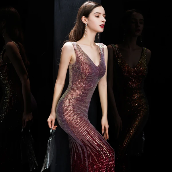 Sparkly Burgundy Sequins Evening Dresses 2020 Trumpet / Mermaid V-Neck Sleeveless Floor-Length / Long Ruffle Backless Formal Dresses