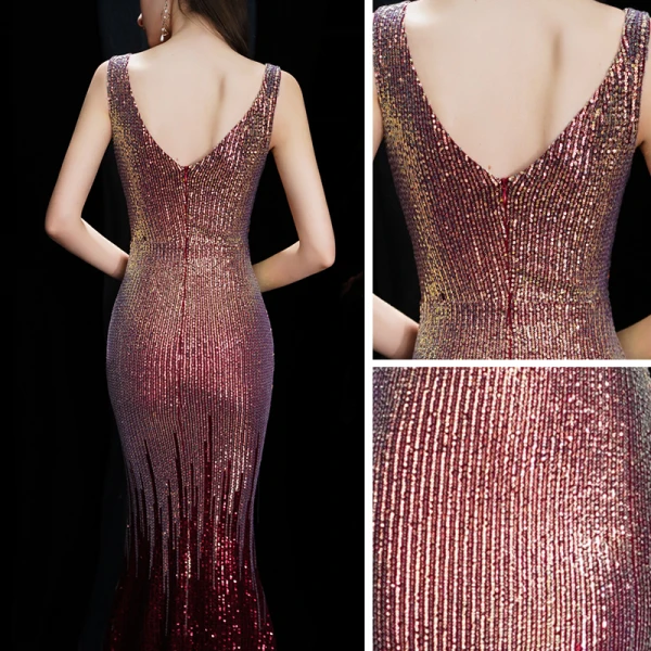 Sparkly Burgundy Sequins Evening Dresses 2020 Trumpet / Mermaid V-Neck Sleeveless Floor-Length / Long Ruffle Backless Formal Dresses