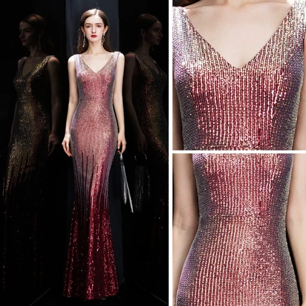Sparkly Burgundy Sequins Evening Dresses 2020 Trumpet / Mermaid V-Neck Sleeveless Floor-Length / Long Ruffle Backless Formal Dresses