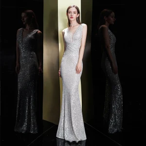 Sparkly Silver Sequins Evening Dresses 2020 Trumpet Mermaid Deep V Neck Sleeveless Floor Length Long Backless Formal Dresses