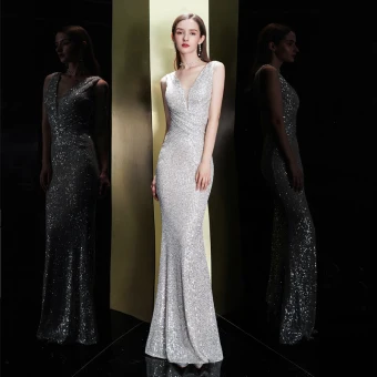 Scintillantes Argenté Paillettes Robe De Soirée 2020 Trompette Sirène Col V Profond Sans Manches Longue Dos Nu Robe De Ceremonie