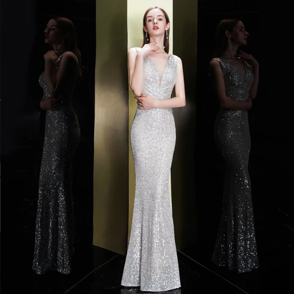 Scintillantes Argenté Paillettes Robe De Soirée 2020 Trompette / Sirène Col v profond Sans Manches Longue Dos Nu Robe De Ceremonie