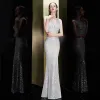 Błyszczące Srebrny Cekiny Sukienki Wieczorowe 2020 Syrena / Rozkloszowane Głęboki V-Szyja Bez Rękawów Długie Bez Pleców Sukienki Wizytowe