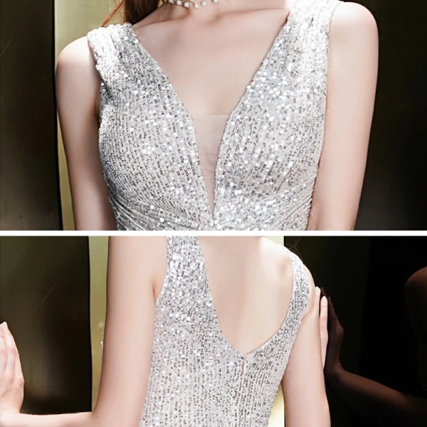 Scintillantes Argenté Paillettes Robe De Soirée 2020 Trompette / Sirène Col v profond Sans Manches Longue Dos Nu Robe De Ceremonie