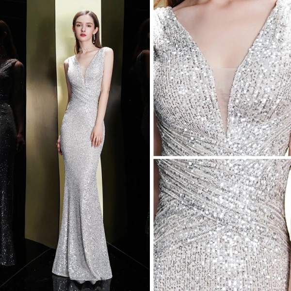 Scintillantes Argenté Paillettes Robe De Soirée 2020 Trompette / Sirène Col v profond Sans Manches Longue Dos Nu Robe De Ceremonie