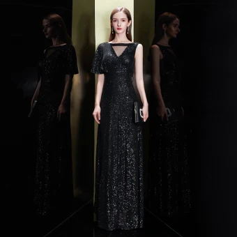 Scintillantes Noire Paillettes Robe De Soirée 2020 Trompette Sirène Encolure Carrée Une Épaule Manches Courtes Longue Volants Dos Nu Robe De Ceremonie