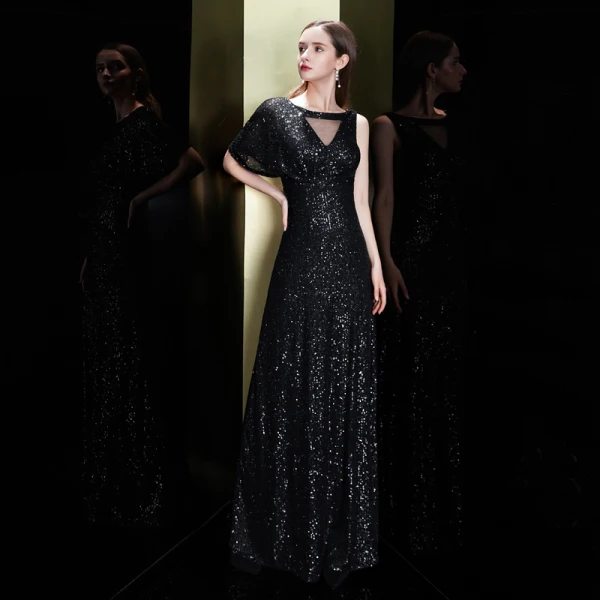 Scintillantes Noire Paillettes Robe De Soirée 2020 Trompette / Sirène Encolure Carrée Une épaule Manches Courtes Longue Volants Dos Nu Robe De Ceremonie