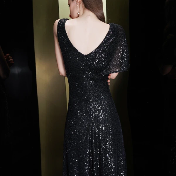 Scintillantes Noire Paillettes Robe De Soirée 2020 Trompette / Sirène Encolure Carrée Une épaule Manches Courtes Longue Volants Dos Nu Robe De Ceremonie