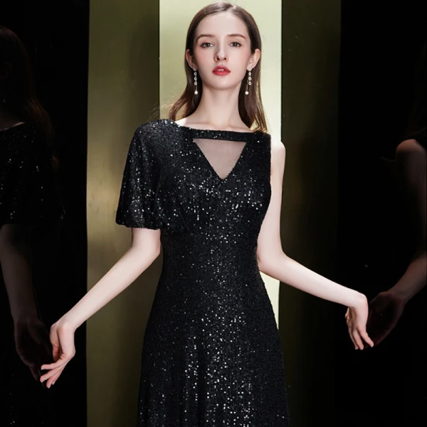 Scintillantes Noire Paillettes Robe De Soirée 2020 Trompette / Sirène Encolure Carrée Une épaule Manches Courtes Longue Volants Dos Nu Robe De Ceremonie