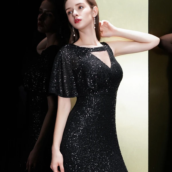 Scintillantes Noire Paillettes Robe De Soirée 2020 Trompette / Sirène Encolure Carrée Une épaule Manches Courtes Longue Volants Dos Nu Robe De Ceremonie