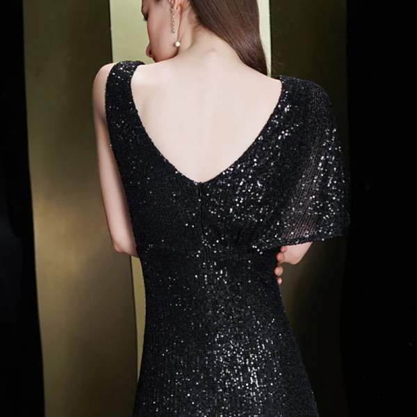Scintillantes Noire Paillettes Robe De Soirée 2020 Trompette / Sirène Encolure Carrée Une épaule Manches Courtes Longue Volants Dos Nu Robe De Ceremonie