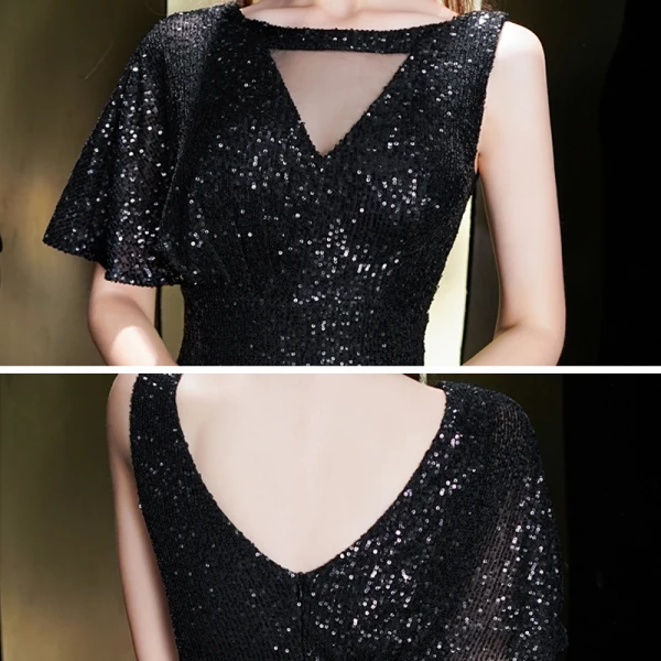 Scintillantes Noire Paillettes Robe De Soirée 2020 Trompette / Sirène Encolure Carrée Une épaule Manches Courtes Longue Volants Dos Nu Robe De Ceremonie