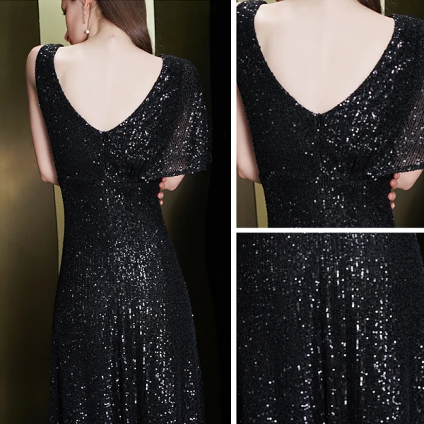 Scintillantes Noire Paillettes Robe De Soirée 2020 Trompette / Sirène Encolure Carrée Une épaule Manches Courtes Longue Volants Dos Nu Robe De Ceremonie
