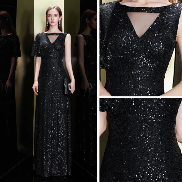 Scintillantes Noire Paillettes Robe De Soirée 2020 Trompette / Sirène Encolure Carrée Une épaule Manches Courtes Longue Volants Dos Nu Robe De Ceremonie