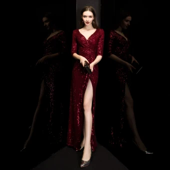 Sexy Burgundy Sequins Evening Dresses 2020 Trumpet Mermaid Deep V Neck 3 4 Sleeve Split Front Floor Length Long Formal Dresses